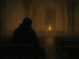 "Silueta de una persona orando sola en una iglesia vacía, iluminada por el Sagrario"