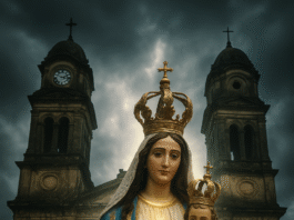 La Virgen del Rosario custodia la Catedral de Gualeguaychú, con rostro solemne y cielo dramático al fondo, como símbolo de protección y clamor profético por una Iglesia en reforma.