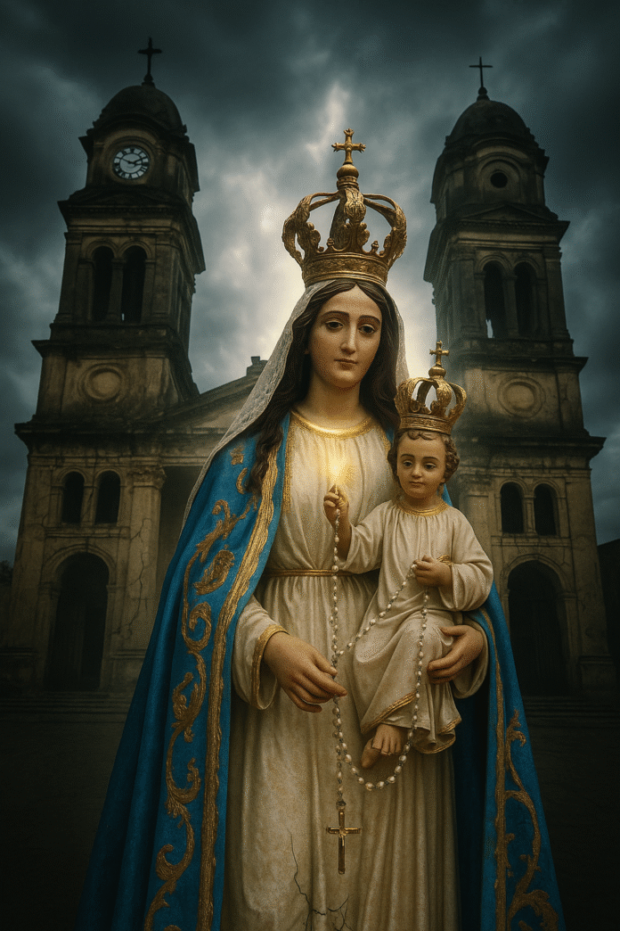 La Virgen del Rosario custodia la Catedral de Gualeguaychú, con rostro solemne y cielo dramático al fondo, como símbolo de protección y clamor profético por una Iglesia en reforma.