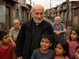 Sacerdote rodeado de personas en una villa de emergencia en Buenos Aires
