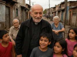 Vivir en la Esperanza: El Camino para Acallar la Muerte en el Presente Sacerdote rodeado de personas en una villa de emergencia en Buenos Aires