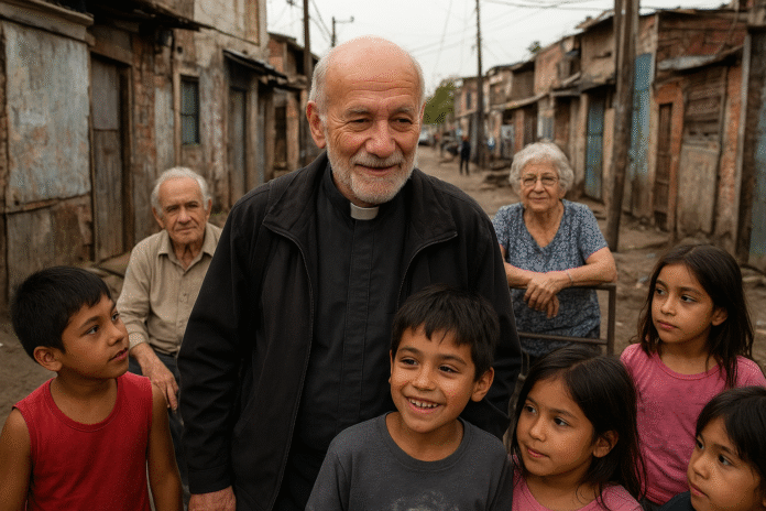 Sacerdote rodeado de personas en una villa de emergencia en Buenos Aires