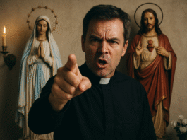 Sacerdote con imágenes religiosas de fondo
