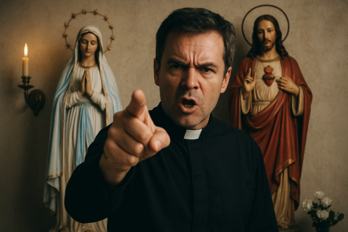 Sacerdote con imágenes religiosas de fondo