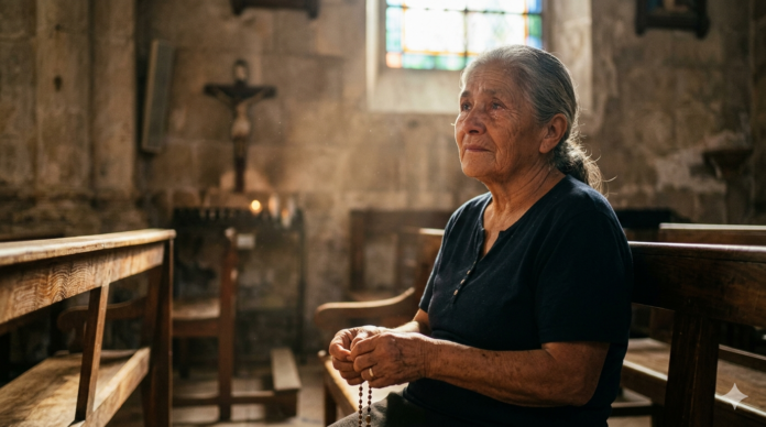 Anciana rezando el Rosario